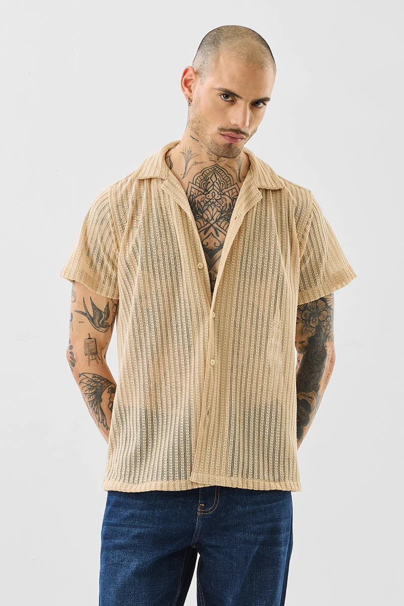 SNITCH Beige Self-Design Box Fit Crochet Shirt